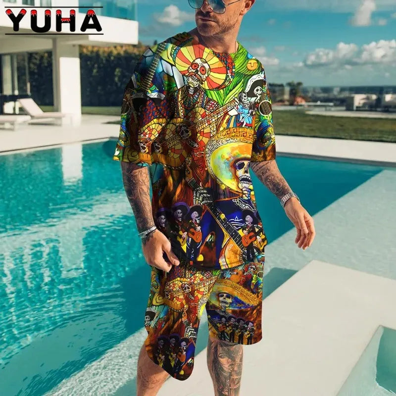 YUHA,Summer Men's Clothing T Shirt Sets 3D Terrible Skeleton Print Casual Shorts Tracksuit Male 2 Piece Suit Newest Short Sleev