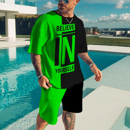 2024 Fashion Men's Sportswear 3D Patchwork Print Tees Shorts 2Pcs Sets Summer Short Sleeve T-Shirt Suit Casual Tracksuit Outfits