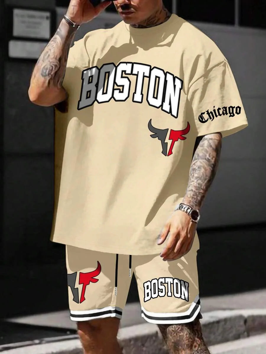 Men's sports suit, casual suit, fashionable letter printed round neck short sleeved T-shirt, men's loose drawstring pocket short