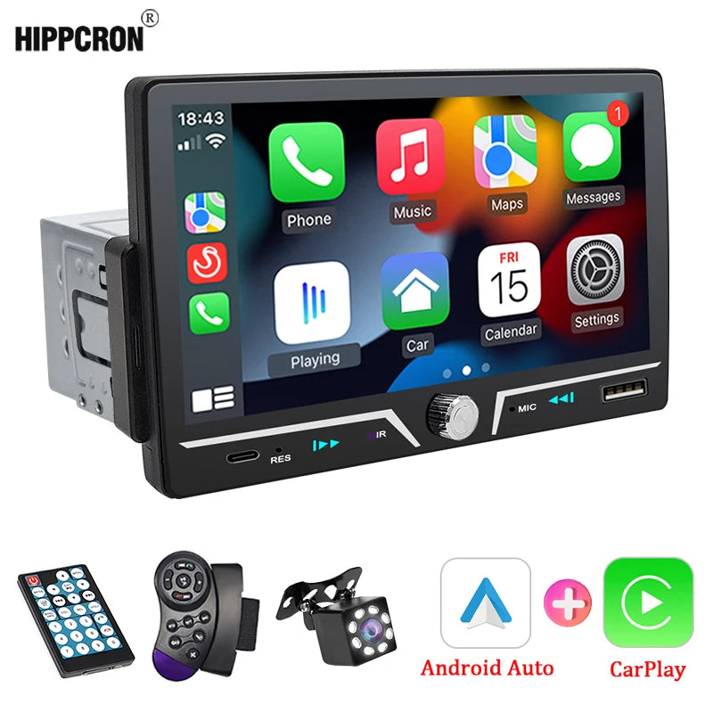 Hippcron 7" 1 Din Car Radio Stereo Wireless Carplay Android Auto HD IPS Touch Screen FM Receiver Support USB Type-C Charge