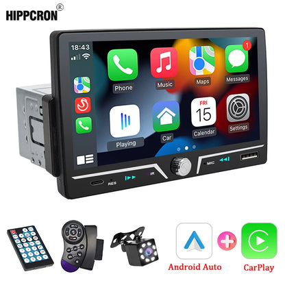 Hippcron 7" 1 Din Car Radio Stereo Wireless Carplay Android Auto HD IPS Touch Screen FM Receiver Support USB Type-C Charge