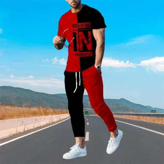 Summer Men's Trousers Tracksuit 3D Printed Red Believe Short Sleeve T Shirt Casual Oversized Clothing Sportwear 2 Piece Suit