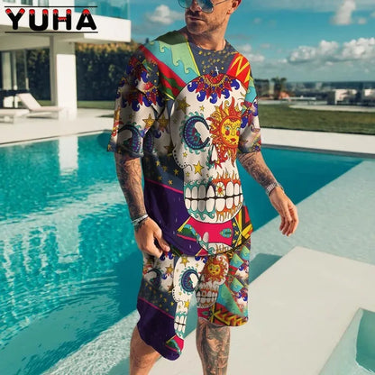 YUHA,Summer Men's Clothing T Shirt Sets 3D Terrible Skeleton Print Casual Shorts Tracksuit Male 2 Piece Suit Newest Short Sleev