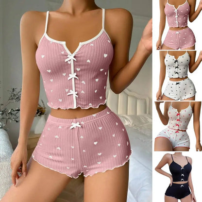 2Pcs/Set Summer Women Top Shorts Suit Backless Heart Print Bow Decor Sleeveless Vest Elastic High Waist Short Pants Lady Outfit