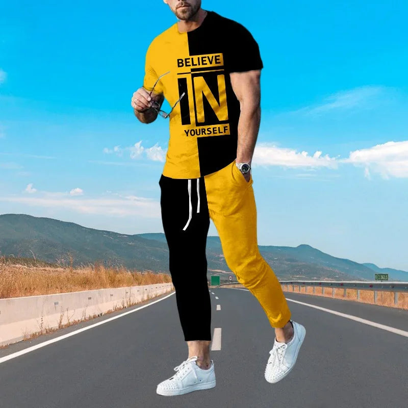 Summer Men's Trousers Tracksuit 3D Printed Red Believe Short Sleeve T Shirt Casual Oversized Clothing Sportwear 2 Piece Suit