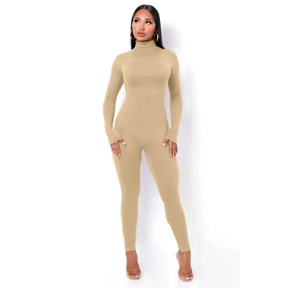 BWQ Casual Women Long Sleeve Turtleneck Long Sleeve Skinny Stretchy Jumpsuit 2024 Autumn Winter One Piece Suit INS Playsuit