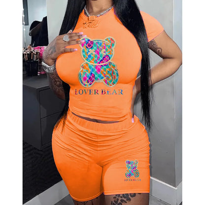 Short Sets Female 2024 Fashion O Neck Shrot Sleeve T Shirt Tee Cartoon Top and Short Pants 2 Piece Set Suit Shorts Sets Womens