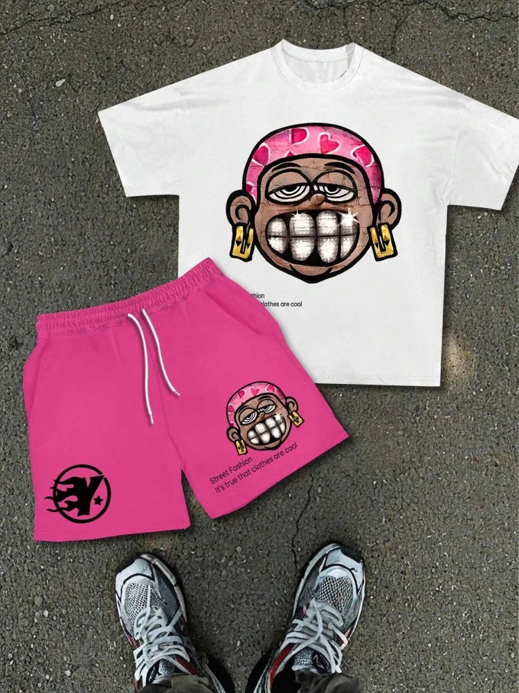 Cartoon Bear 3D Printed Men's Round Neck Short Sleeve 2pcs Suit Urban Street Trend Men's Top Outdoor Men's Drawstring Shorts