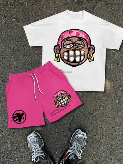 Cartoon Bear 3D Printed Men's Round Neck Short Sleeve 2pcs Suit Urban Street Trend Men's Top Outdoor Men's Drawstring Shorts