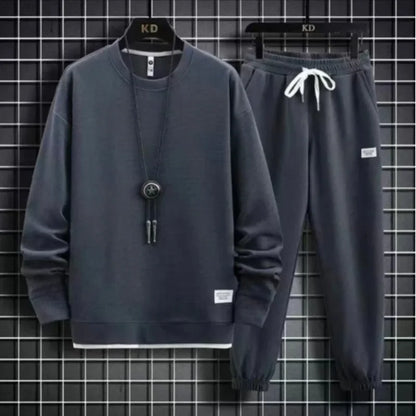 Autumn Winter New Solid Color Casual Hong Kong Style Loose-Fit Long Sleeve Top Sports Suit Round Neck Sweatshirt Men's Set