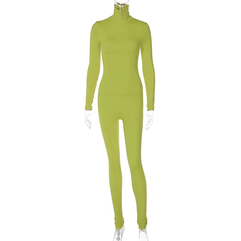 BWQ Casual Women Long Sleeve Turtleneck Long Sleeve Skinny Stretchy Jumpsuit 2024 Autumn Winter One Piece Suit INS Playsuit