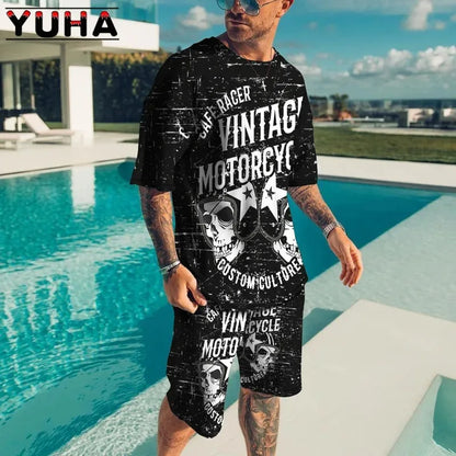 YUHA,Summer Men's Clothing T Shirt Sets 3D Terrible Skeleton Print Casual Shorts Tracksuit Male 2 Piece Suit Newest Short Sleev