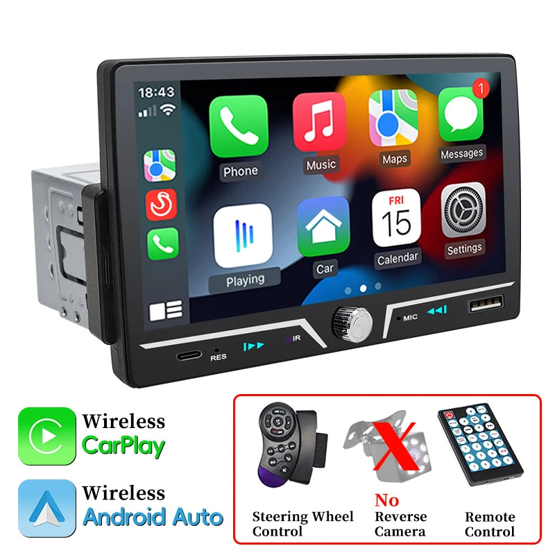 Hippcron 7" 1 Din Car Radio Stereo Wireless Carplay Android Auto HD IPS Touch Screen FM Receiver Support USB Type-C Charge