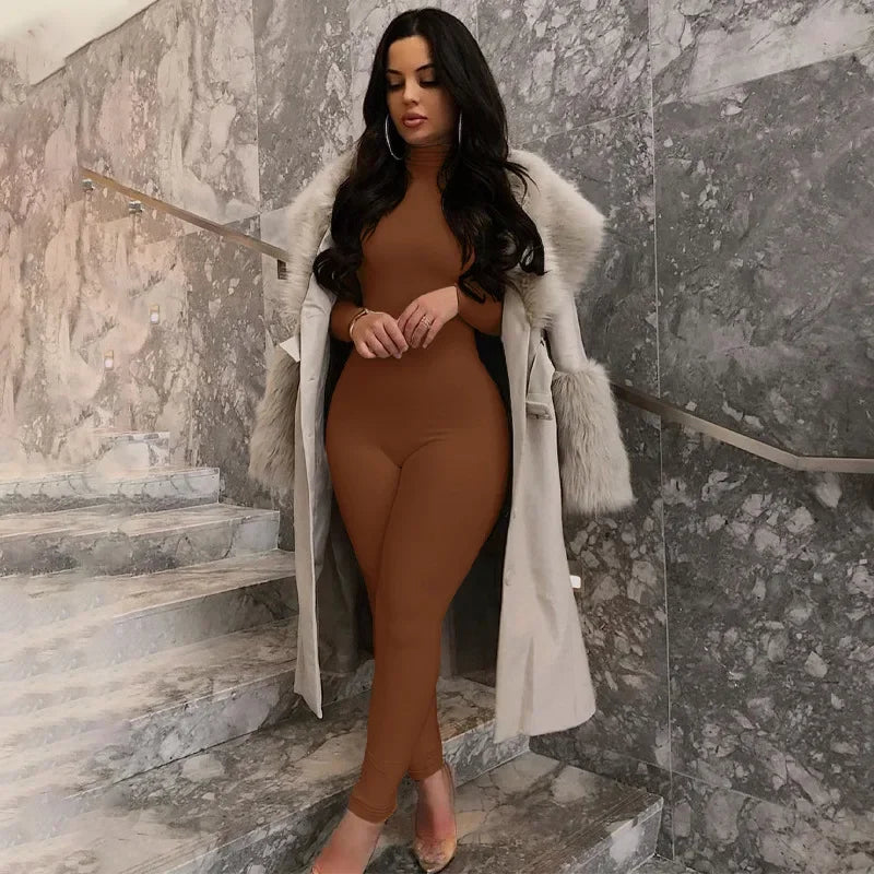 BWQ Casual Women Long Sleeve Turtleneck Long Sleeve Skinny Stretchy Jumpsuit 2024 Autumn Winter One Piece Suit INS Playsuit