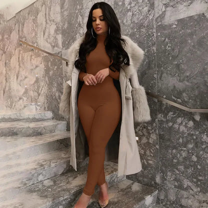 BWQ Casual Women Long Sleeve Turtleneck Long Sleeve Skinny Stretchy Jumpsuit 2024 Autumn Winter One Piece Suit INS Playsuit