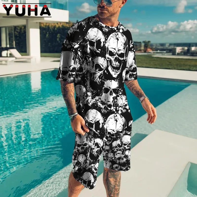 YUHA,Summer Men's Clothing T Shirt Sets 3D Terrible Skeleton Print Casual Shorts Tracksuit Male 2 Piece Suit Newest Short Sleev