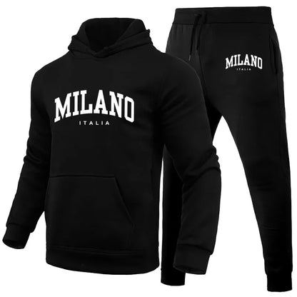 Men's Luxury Hoodie Set Milano Print Sweatshirt Sweatpant for Male Hooded Tops Jogging Trousers Suit Casual Streetwear Tracksuit