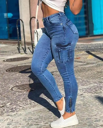 Women's Denim Pants 2024 Summer New Fashion Solid Color Buttoned Pocket Zipper Design High Waist Casual Daily Skinny Jeans