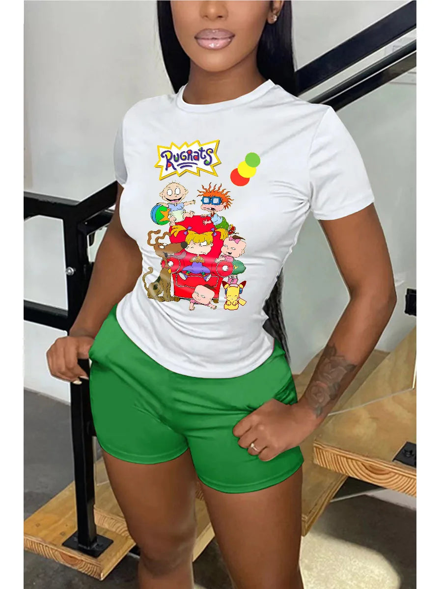 Short Sets Female 2024 Fashion O Neck Shrot Sleeve T Shirt Tee Cartoon Top and Short Pants 2 Piece Set Suit Shorts Sets Womens