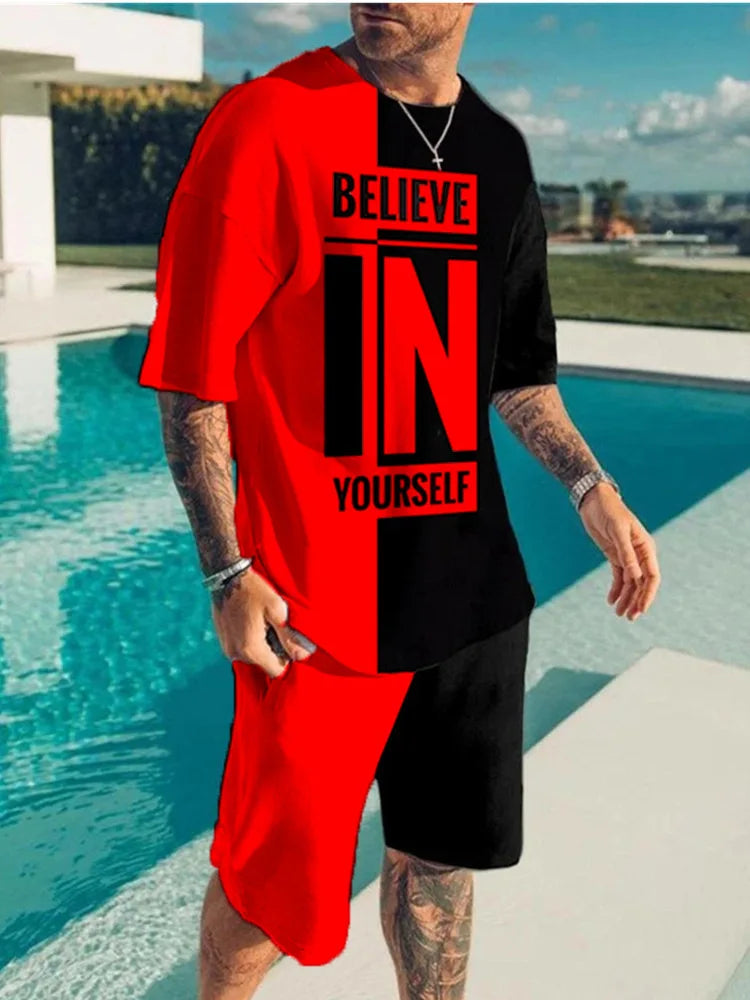 2024 Fashion Men's Sportswear 3D Patchwork Print Tees Shorts 2Pcs Sets Summer Short Sleeve T-Shirt Suit Casual Tracksuit Outfits