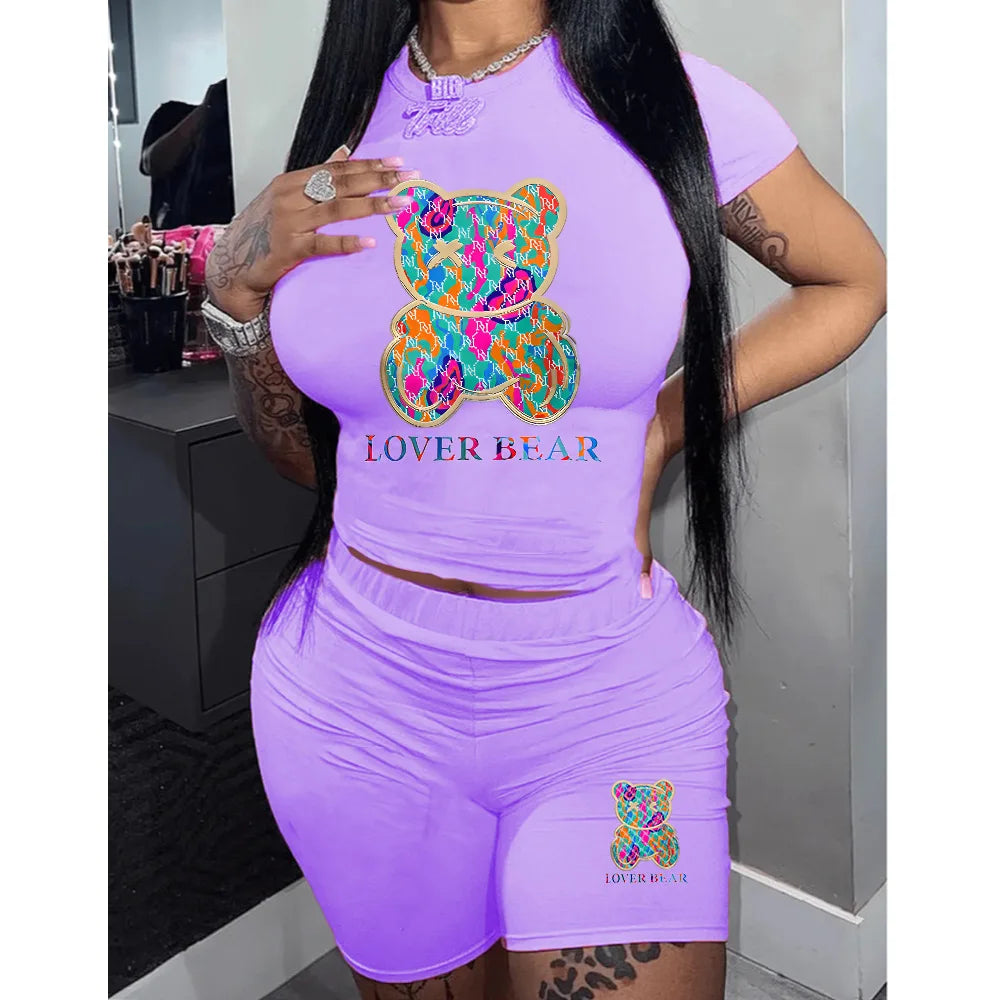 Short Sets Female 2024 Fashion O Neck Shrot Sleeve T Shirt Tee Cartoon Top and Short Pants 2 Piece Set Suit Shorts Sets Womens