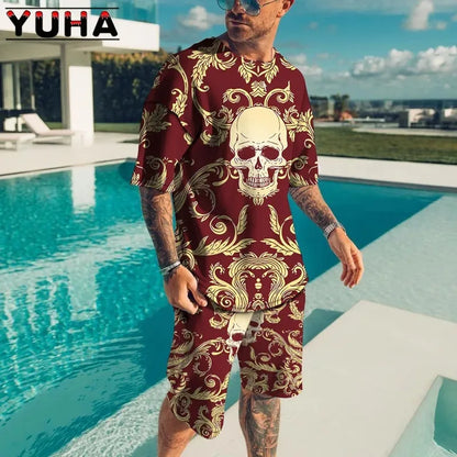YUHA,Summer Men's Clothing T Shirt Sets 3D Terrible Skeleton Print Casual Shorts Tracksuit Male 2 Piece Suit Newest Short Sleev