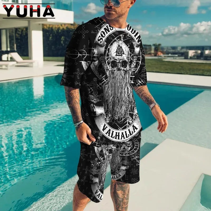 YUHA,Summer Men's Clothing T Shirt Sets 3D Terrible Skeleton Print Casual Shorts Tracksuit Male 2 Piece Suit Newest Short Sleev