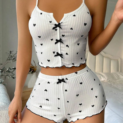 2Pcs/Set Summer Women Top Shorts Suit Backless Heart Print Bow Decor Sleeveless Vest Elastic High Waist Short Pants Lady Outfit