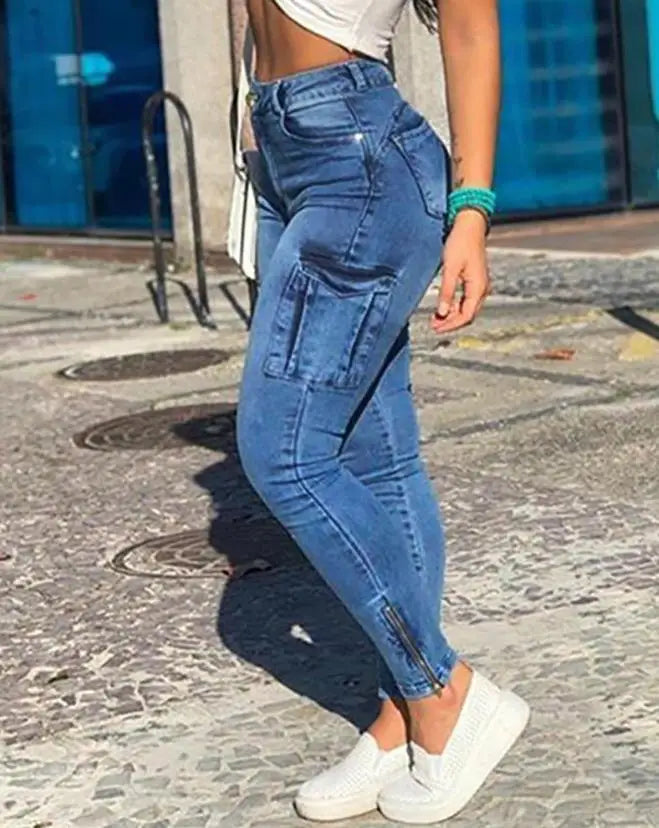 Women's Denim Pants 2024 Summer New Fashion Solid Color Buttoned Pocket Zipper Design High Waist Casual Daily Skinny Jeans
