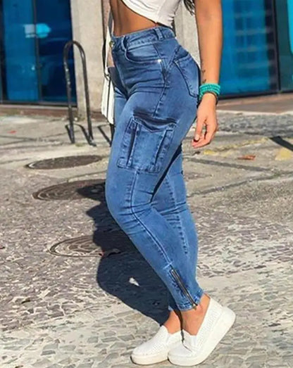 Women's Denim Pants 2024 Summer New Fashion Solid Color Buttoned Pocket Zipper Design High Waist Casual Daily Skinny Jeans