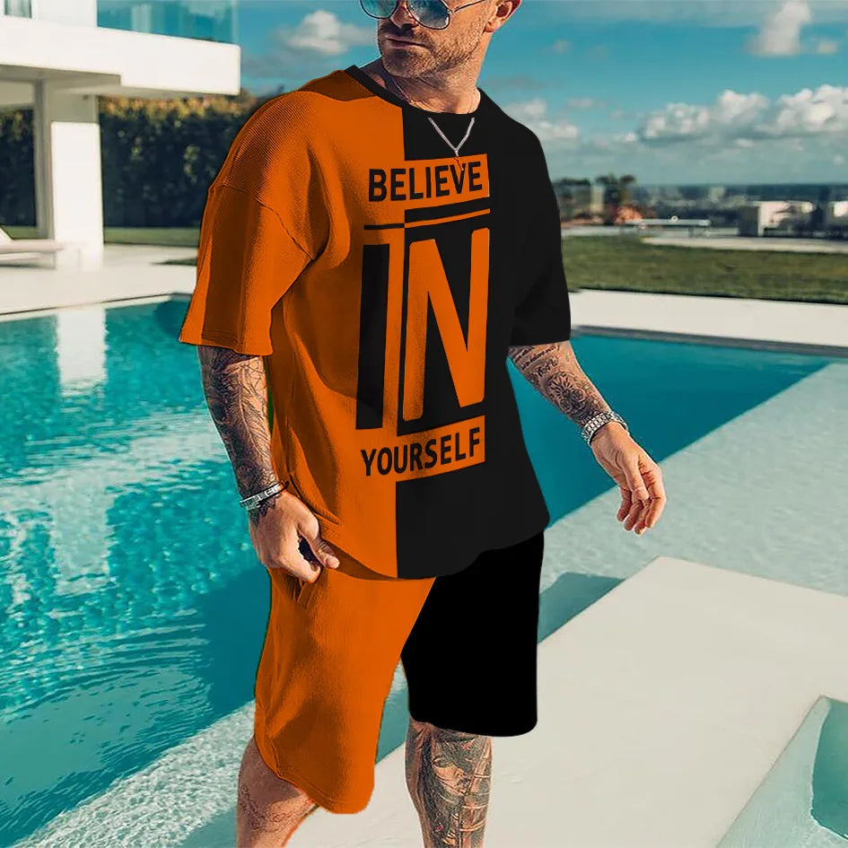 2024 Fashion Men's Sportswear 3D Patchwork Print Tees Shorts 2Pcs Sets Summer Short Sleeve T-Shirt Suit Casual Tracksuit Outfits