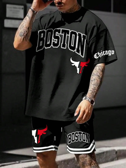 Men's sports suit, casual suit, fashionable letter printed round neck short sleeved T-shirt, men's loose drawstring pocket short