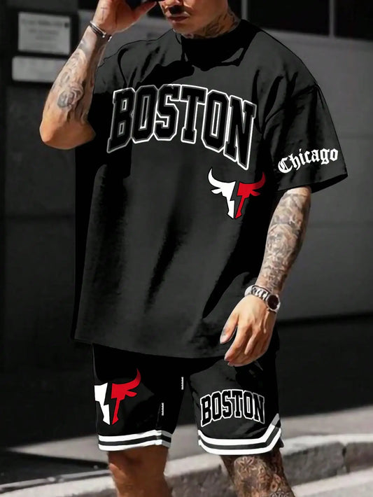 Men's sports suit, casual suit, fashionable letter printed round neck short sleeved T-shirt, men's loose drawstring pocket short
