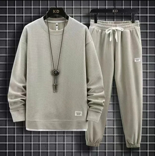 Autumn Winter New Solid Color Casual Hong Kong Style Loose-Fit Long Sleeve Top Sports Suit Round Neck Sweatshirt Men's Set