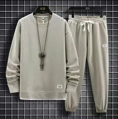 Autumn Winter New Solid Color Casual Hong Kong Style Loose-Fit Long Sleeve Top Sports Suit Round Neck Sweatshirt Men's Set