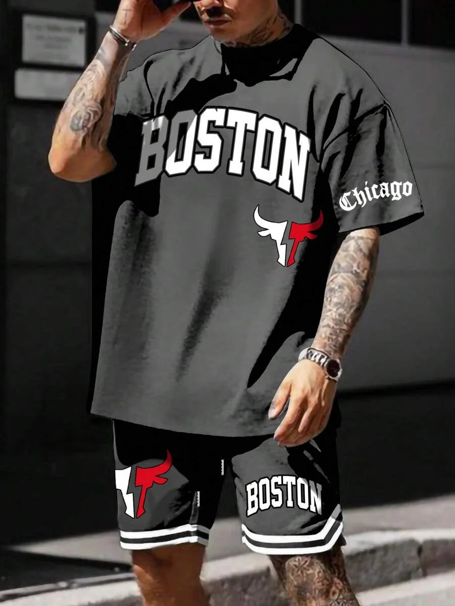 Men's sports suit, casual suit, fashionable letter printed round neck short sleeved T-shirt, men's loose drawstring pocket short