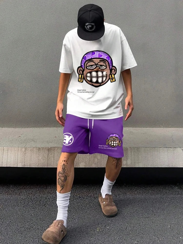 Cartoon Bear 3D Printed Men's Round Neck Short Sleeve 2pcs Suit Urban Street Trend Men's Top Outdoor Men's Drawstring Shorts