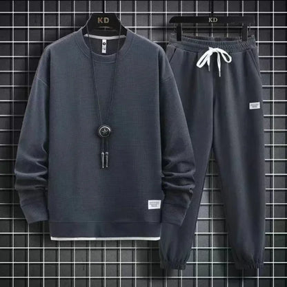 Autumn Winter New Solid Color Casual Hong Kong Style Loose-Fit Long Sleeve Top Sports Suit Round Neck Sweatshirt Men's Set