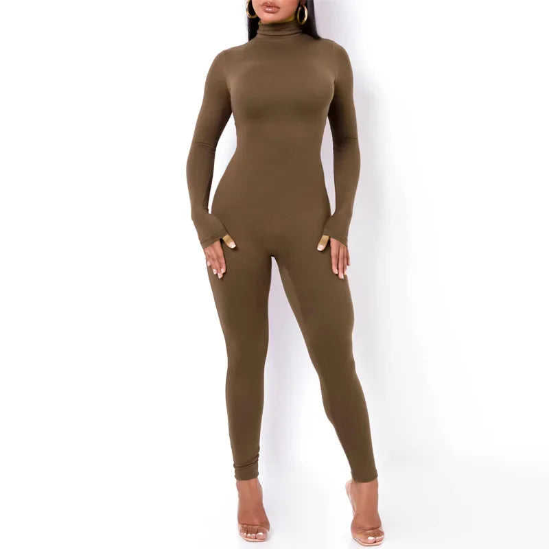 BWQ Casual Women Long Sleeve Turtleneck Long Sleeve Skinny Stretchy Jumpsuit 2024 Autumn Winter One Piece Suit INS Playsuit