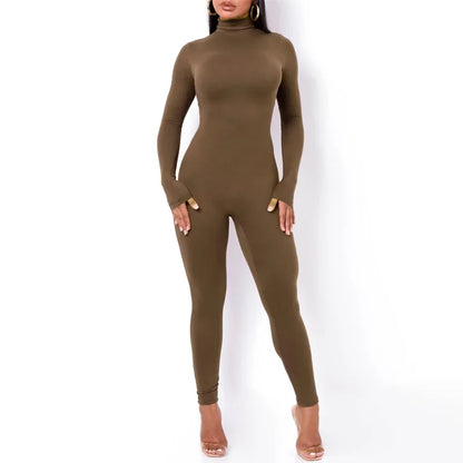 BWQ Casual Women Long Sleeve Turtleneck Long Sleeve Skinny Stretchy Jumpsuit 2024 Autumn Winter One Piece Suit INS Playsuit