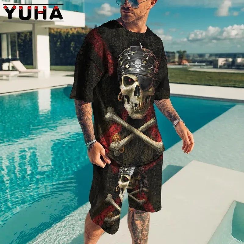 YUHA,Summer Men's Clothing T Shirt Sets 3D Terrible Skeleton Print Casual Shorts Tracksuit Male 2 Piece Suit Newest Short Sleev