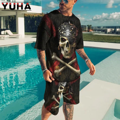 YUHA,Summer Men's Clothing T Shirt Sets 3D Terrible Skeleton Print Casual Shorts Tracksuit Male 2 Piece Suit Newest Short Sleev