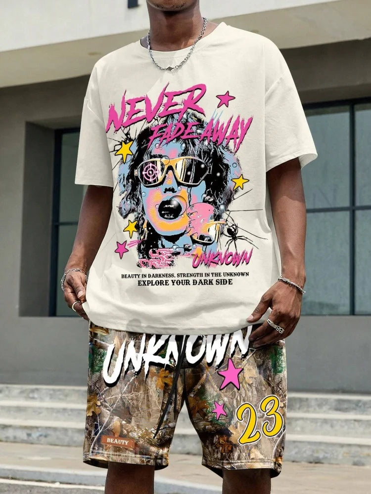 Cartoon Bear 3D Printed Men's Round Neck Short Sleeve 2pcs Suit Urban Street Trend Men's Top Outdoor Men's Drawstring Shorts