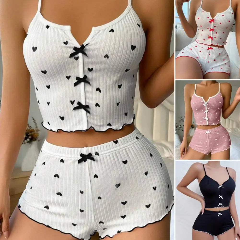 2Pcs/Set Summer Women Top Shorts Suit Backless Heart Print Bow Decor Sleeveless Vest Elastic High Waist Short Pants Lady Outfit