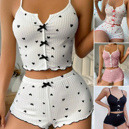 2Pcs/Set Summer Women Top Shorts Suit Backless Heart Print Bow Decor Sleeveless Vest Elastic High Waist Short Pants Lady Outfit