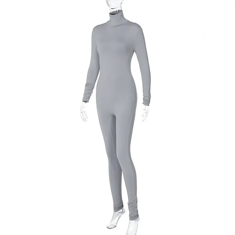 BWQ Casual Women Long Sleeve Turtleneck Long Sleeve Skinny Stretchy Jumpsuit 2024 Autumn Winter One Piece Suit INS Playsuit