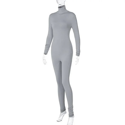 BWQ Casual Women Long Sleeve Turtleneck Long Sleeve Skinny Stretchy Jumpsuit 2024 Autumn Winter One Piece Suit INS Playsuit